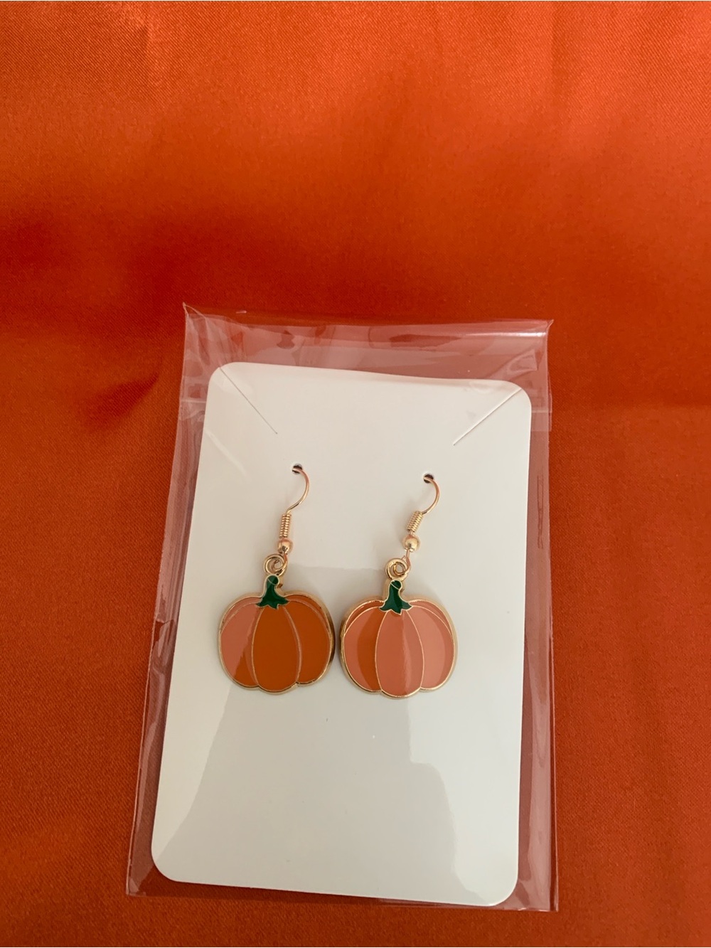 Pumpkin Drop Earrings - Orange and Green Enamel Women’s Jewelry - Picture 3 of 3